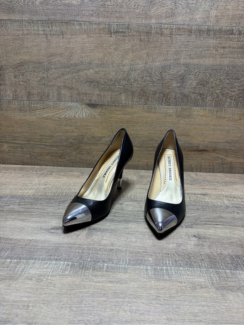 Audrey Brooke Black Pumps with Metallic Silver Cap Toe